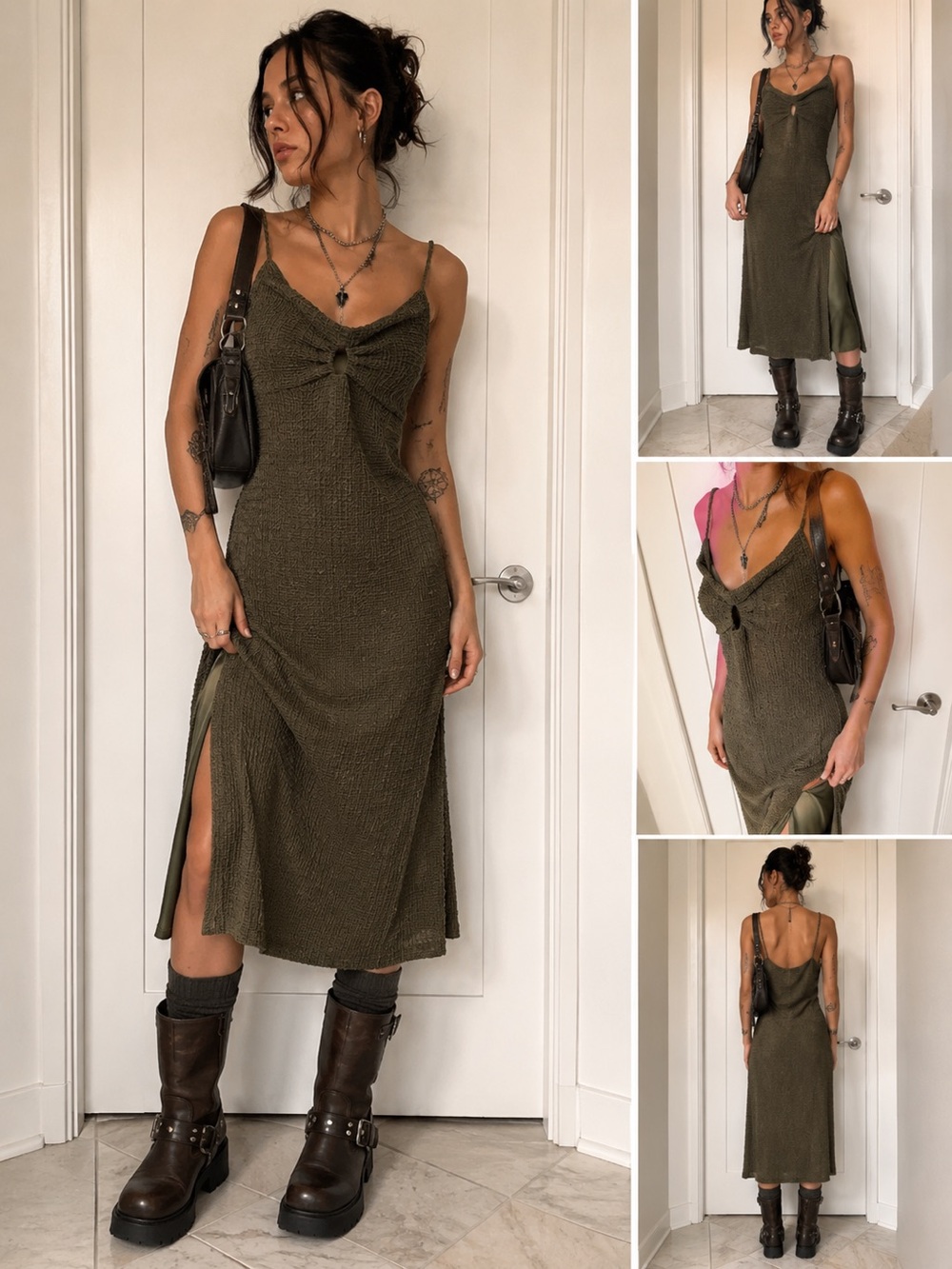 2SAINTS Olive Textured Knit Midi Dress | Minimalist Grunge Boho